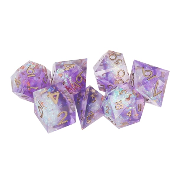 7-delad tärningssats i harts, polyhedral spel, DND-tärningar, tydliga siffror, stabilt spel, välbekanta RPG-tärningar