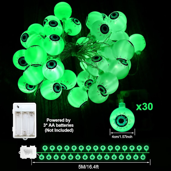 Halloween-dekorasjonslys, 30 LED 16.4Ft Øye-Halloween-lys Batteridrevet Halloween-dekorasjonslys warm white