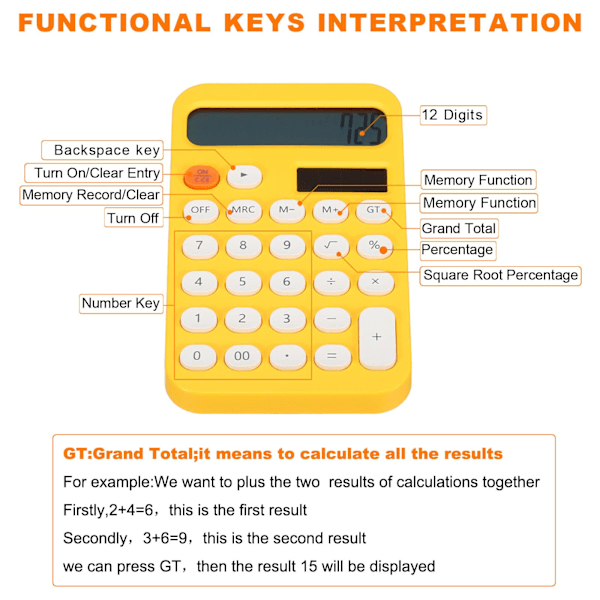 Pöytälaskin, 12-numeroinen suuri LCD-näyttö, vakiotoiminnot, kannettava söpö laskin kotiin ja toimistoon, keltainen Yellow