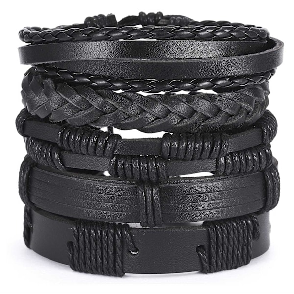 5-pakke Håndlagde Lærarmbånd Herrearmbånd Svart svart black