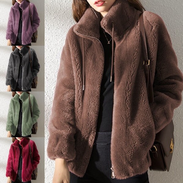 Dame Fleece Fluffy Teddy Bear Frakke Ensfarvet Lommejakke Overtøj Grøn 3XL Grön