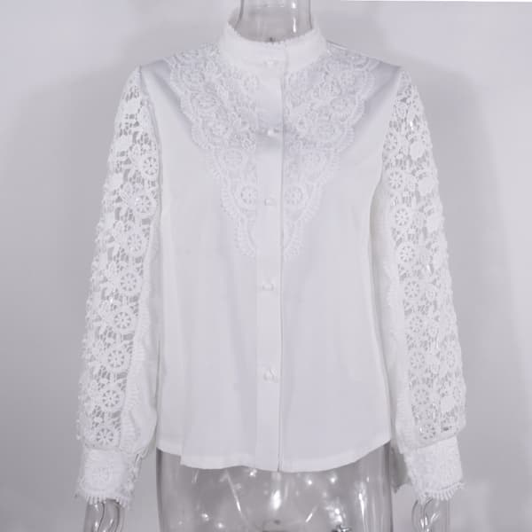 Dame utskåret bluse Jacquard blonde langermet skjorte topper (hvit)