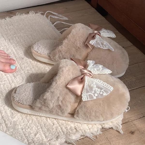 Fluffy hjemmesko med sløjfe i farveblok til efterår og vinter khaki khaki 40-41