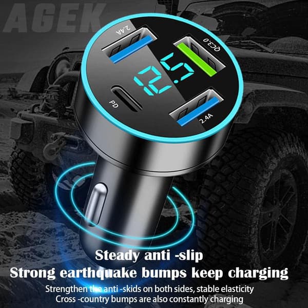 Billader USB C Billaderadapter, 4-porters USB Billader med Spenningsdisplay PD 3.0 og QC 3.0 Billader USB-adapter Hurtiglading