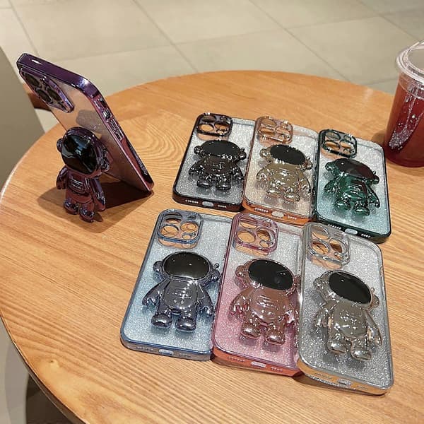 För iPhone 13 Astronaut Hållare Gradient Glitter Powder Phone Case