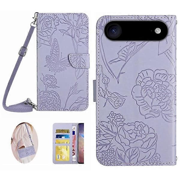 Compatible For iPhone 17 Air Case Butterfly Flower Imprint Leather Phone Cover With Shoulder Strap