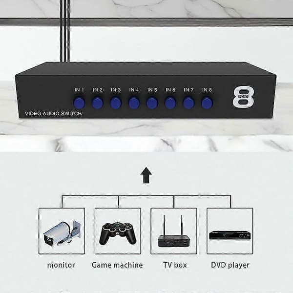 8-ports RCA-kompositlyd/video AV 8-vejs switch-splitterboks