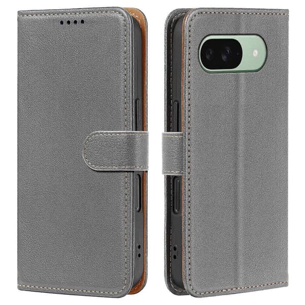 Plånboksfodral för Google Pixel 9 Pro/ Pixel 9, lädertextur med litchi, magnetlås (Grå)