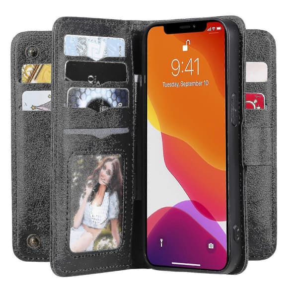 Iphone 13 Pro etui Retro Læder pung Flip Magnetisk Cover 10 Kortlommer - Sort