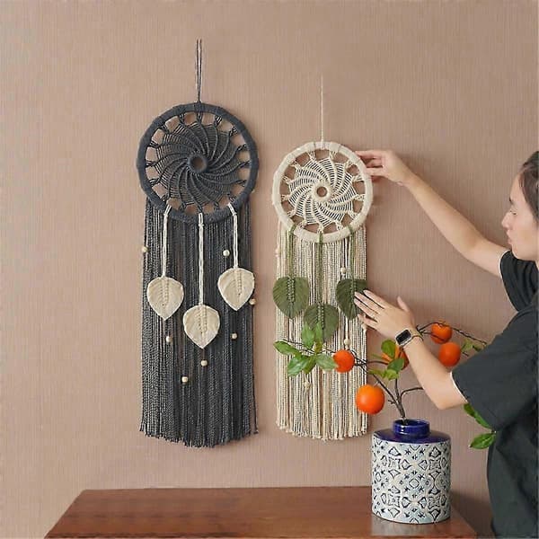 Drömfångare Boho Väggdekor Drömfångare Makrame Väggbonad med 3 Vävd Löv Tofsar Heminredning 30x90cm