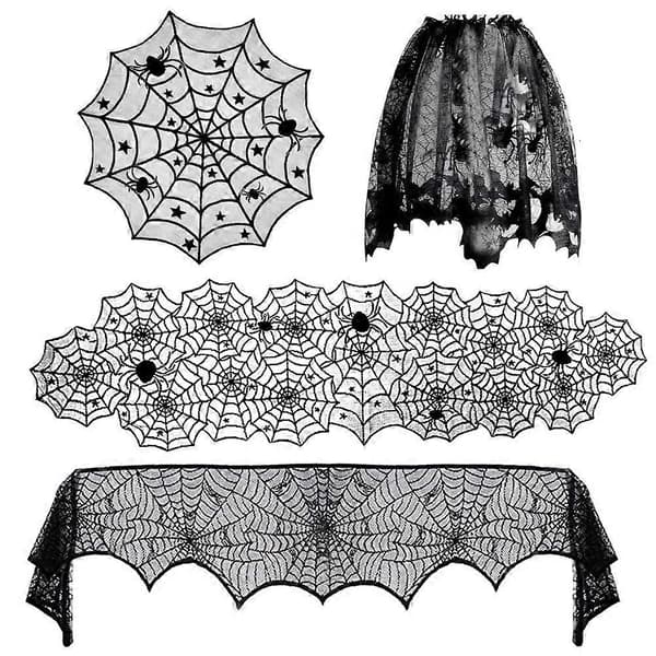 Halloween Dekorationer Dug Løber Sort Blonde Rund Edderkoppespind Borddækning Pejs Kappe Edderkoppespind Pejs