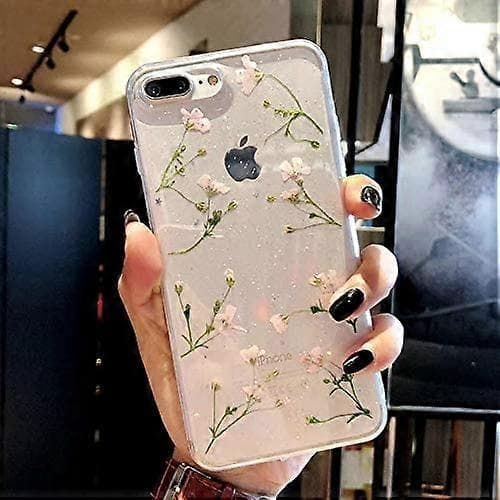 iPhone 7/8 Ægte Blomsteretui, Piger Blomstret Glitter Etui Klart Blødt Gummi Presset Tørret Blomsterbeskyttelse til iPhone 8 / iPhone 7-gul