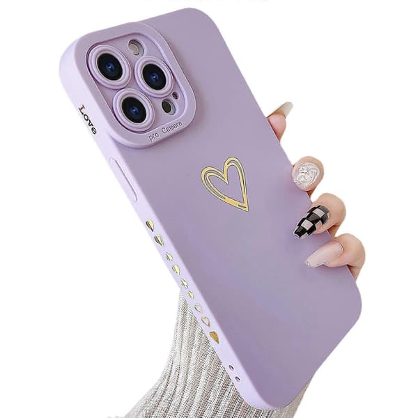 Kompatibel med iPhone 13 Pro Max etui, guld hjerte mønster flydende silikone etui til kvinder (lilla)