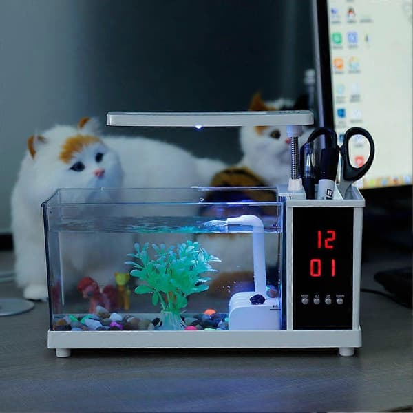 Multifunktionelt Mini Akvarium med USB og Urfunktion, Hvidt LED-lys