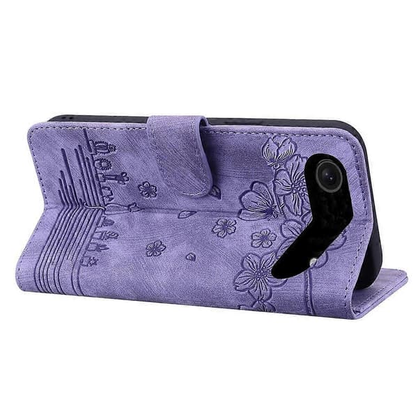 Compatible For iPhone 17 Air Case Cherry Blossom Cat Embossed Leather Phone Cover With Wrist Strap