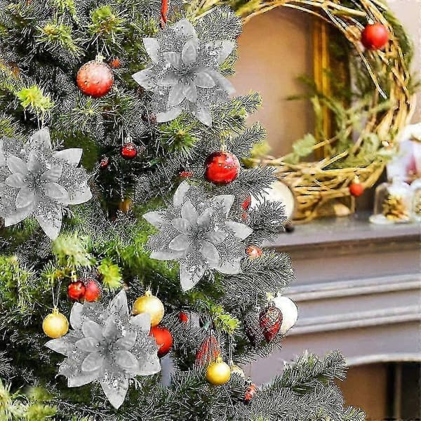 24 stk. juleblomster, kunstige juleblomster, glitter-juletre, kunstige blomster til jul, glitter-jul