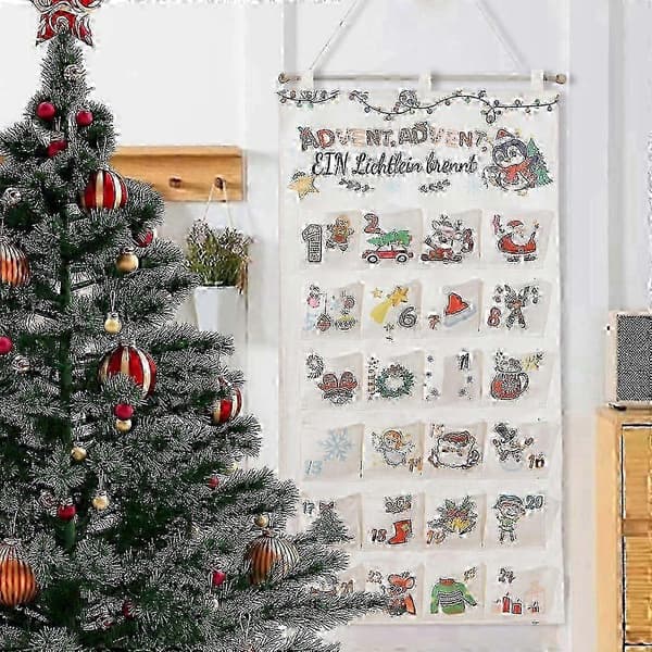 Julekalender med 24 nummererte lommer i lerret – juleveggdekorasjon