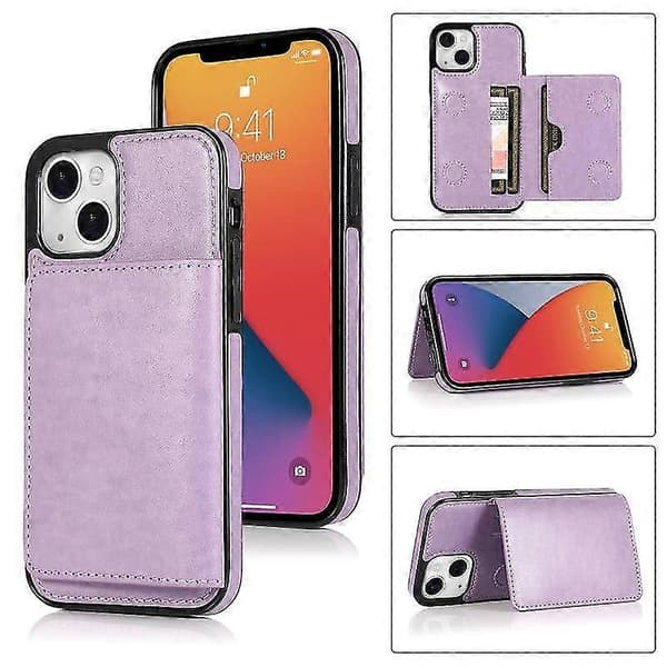 Til iPhone 13 Mini Stødsikkert PU + TPU beskyttelsesetui med kortpladser og holder (lilla)