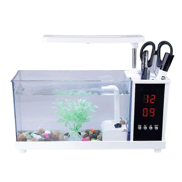 Multifunktionelt Mini Akvarium med USB og Urfunktion, Hvidt LED-lys