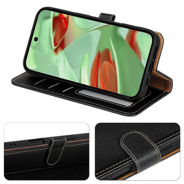Plånboksfodral för Google Pixel 9 Pro/ Pixel 9, lädertextur med litchi, magnetlås (Svart)