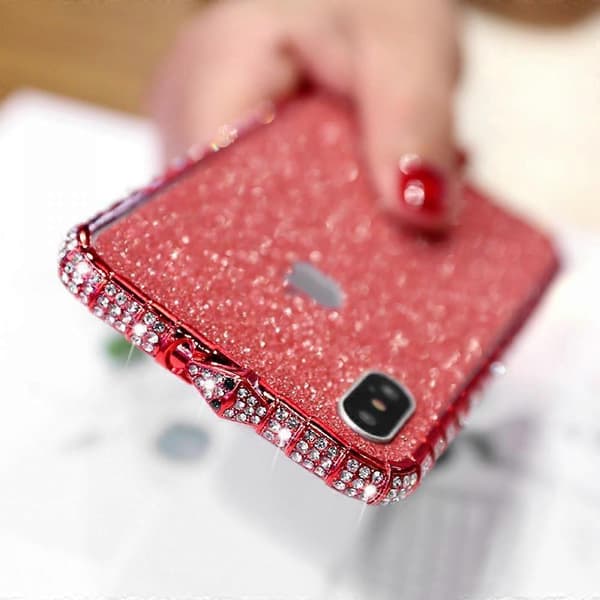 For iPhone 13 Pro Max Diamond Rhinestone-deksel for kvinner med skinnende metall Bumper Frame Edge Case (rød)