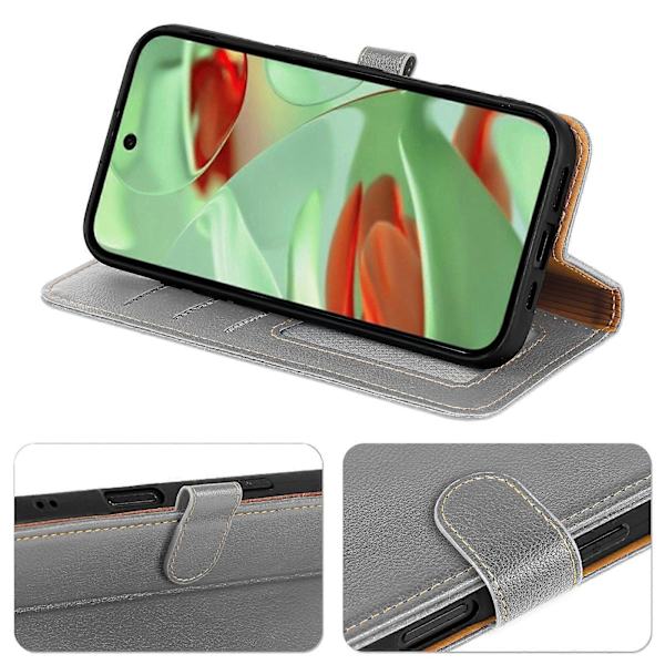 Plånboksfodral för Google Pixel 9 Pro/ Pixel 9, lädertextur med litchi, magnetlås (Grå)