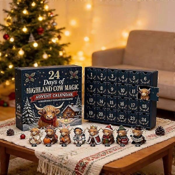 3D Highland-ku adventskalender 2026, 24 minikufigurer jule-nedtelling gave og samleobjekt julepynt