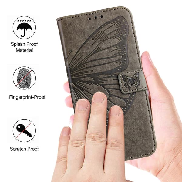 Præget sommerfugl læder telefoncover (til iPhone 16 Pro Max)