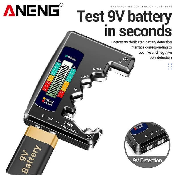Universal Digital Batteritester, LCD-display Spændingstester med Belastningsanalysator, Farvekodede Resultater (God/Svag/Dårlig), til AA AAA D N 9V 1.55V Knapcelle