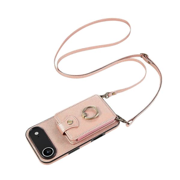 For iPhone 17 Air-deksel kortholder ringstativ TPU PU-skinntelefondeksel med lang stropp
