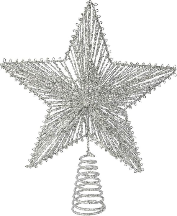 Sølvglitrende juletopstjerne, 12 tommer jule-topstjerne i metal med 10 LED-lys til indendørs og udendørs julepynt