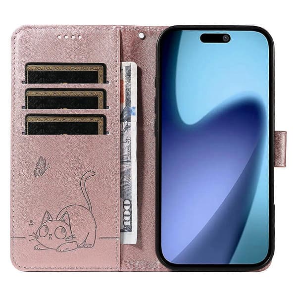 Kompatibel til iPhone 17 Air Cover med katteprint og håndledsrem i læder