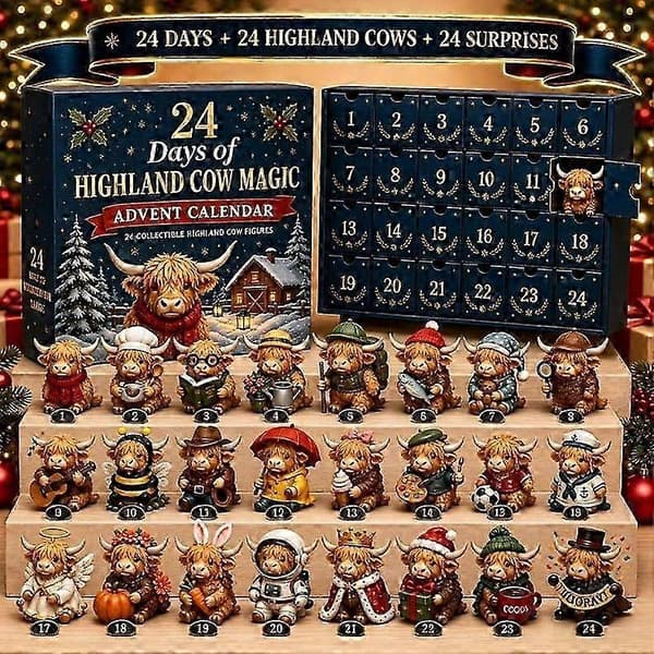 3D Highland-ku adventskalender 2026, 24 minikufigurer jule-nedtelling gave og samleobjekt julepynt