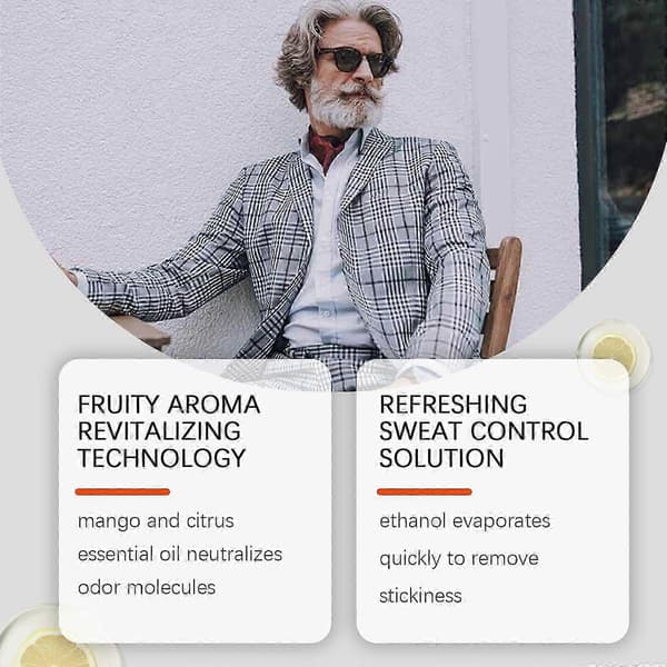 Fruktduftende kroppspleiespray for menn - Forfriskende svetteluktkontroll med mango- og sitrusoljer