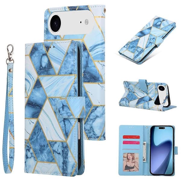 Compatible For iPhone 17 Air Case Painted Marble Pattern Leather Phone Cover With Wrist Strap