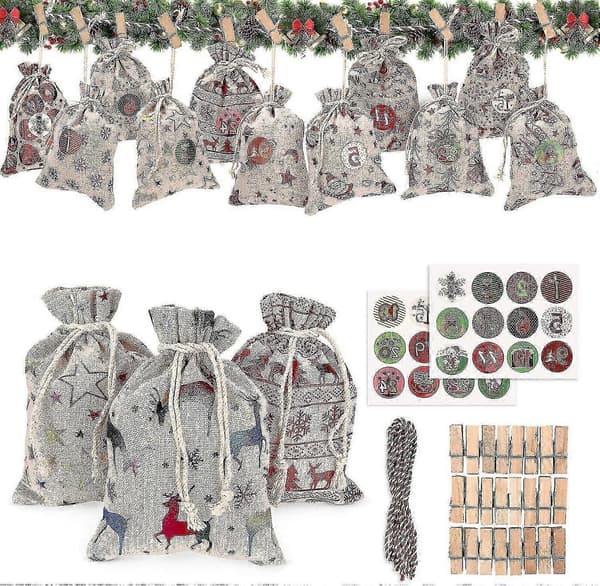 Hlraizz Festlig Adventskalender i Bomull – 24 Tilpassbare Poser for Jule-nedtelling og Julepynt