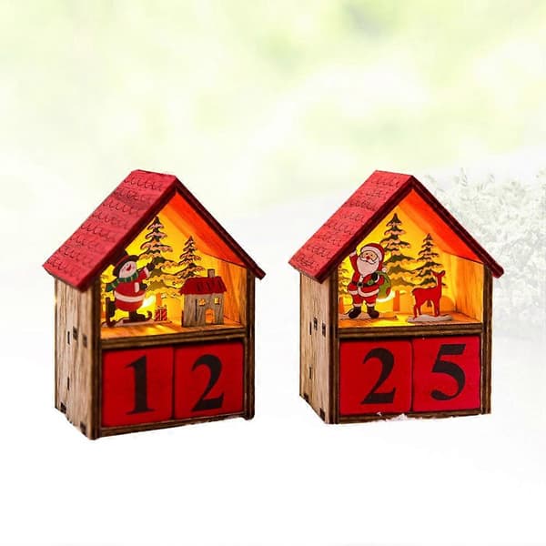 Rød oplyst træhus-kalender til tidsregning, 2 stk. julepynt