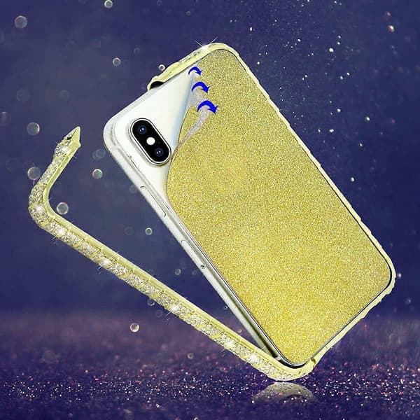 För iPhone 13 Pro Max Diamond Strassfodral för kvinnor med glänsande pläterad metall Bumper Frame Edge Case (Guld)