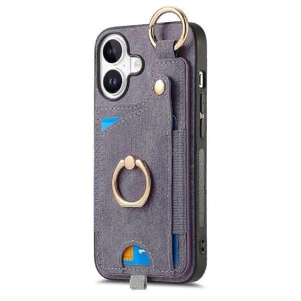 För iPhone 16 Plus Fodral Kortplatser Läder+TPU Telefonfodral Med Ring Spänne - Lila