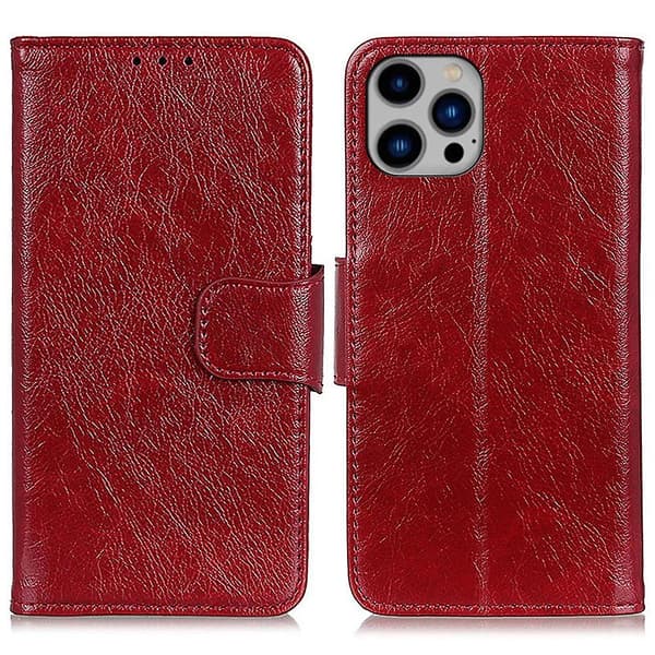 Til iPhone 16 Pro Max etui Nappa tekstur splitlæder cover med pungstativ - Rød