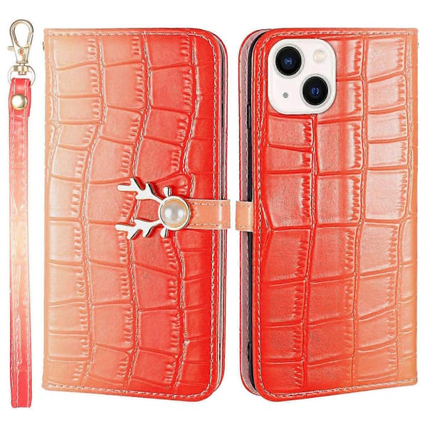 Til iPhone 13 Krokodille Tekstur Etui Gradient Farve Læder Telefoncover med Rem