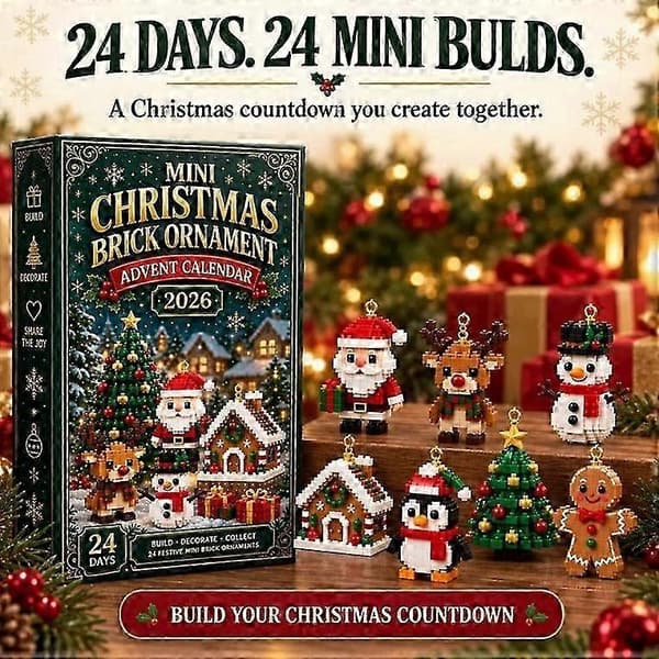 24-dagers mini-julepynt adventskalender med 24 minifigurer og juletrepynt