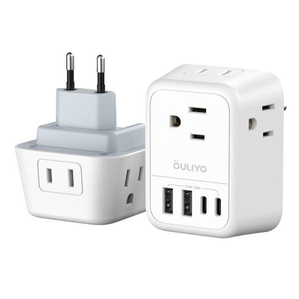 Europeisk Reseadapter, Internationell Typ-C Vikbar Strömkontakt med 4 Uttag, 2 USB (2 USB C) Laddadapter