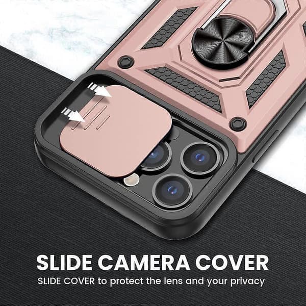 Kompatibel med iPhone 13 Pro Max med skyvbart kameradeksel og støtte, innebygd 360 roterende ringstativ magnetisk deksel til iPhone 13 Pro Max 6,7 tommer
