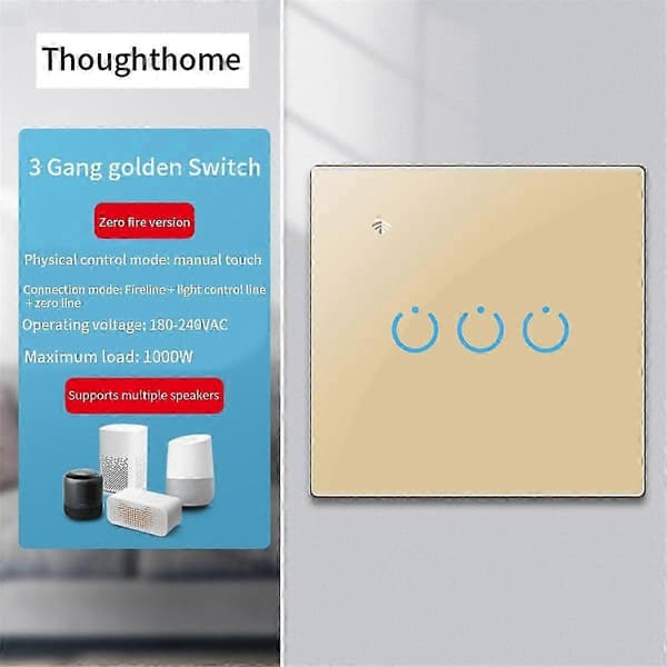 Tuya Wifi Smart Switch Touch Lysafbryder Nul Brandlinje 3 Afbryder Guld