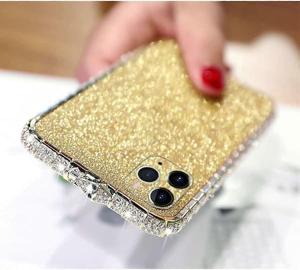 Til iPhone 13 Pro Max Diamond Rhinestone-etui til kvinder med skinnende belagt metal Bumper Frame Edge Case (Guld)
