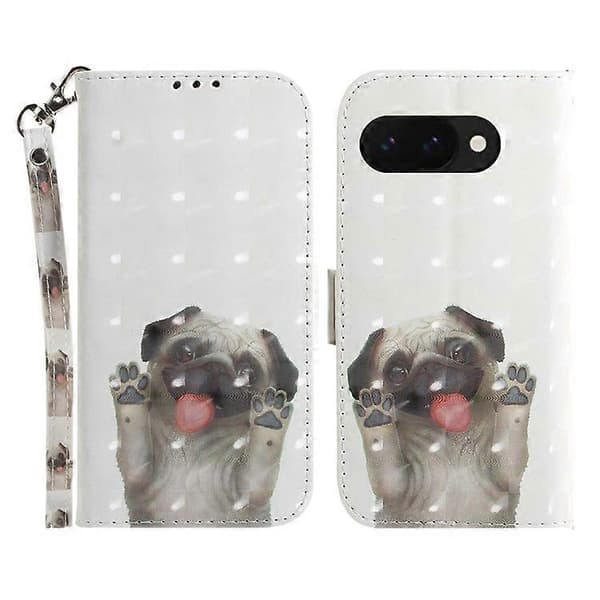 Til Google Pixel 9a etui med mønstertryk i læderpung-telefoncover med håndledsrem (Mops)