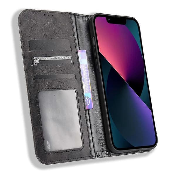 Magnetisk autoabsorberad PU-læderpungstativ Flip Cover Case til iPhone 13 6.1 tommer - Sort