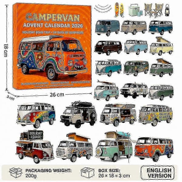 2026 Campervan Julekalender med 24 flade akryl-samleobjekter, jule-nedtællingsgave til camping- og rejseentusiaster