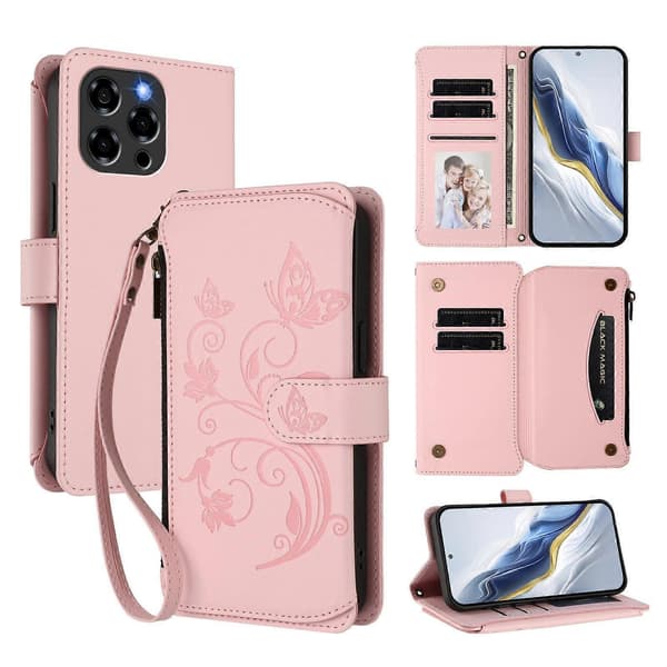 Fjäril Kärlek Blomma Multi-kort Dragkedja Plånbok Läder Telefonfodral (För Doogee Note 58 / Note 58 Pro)